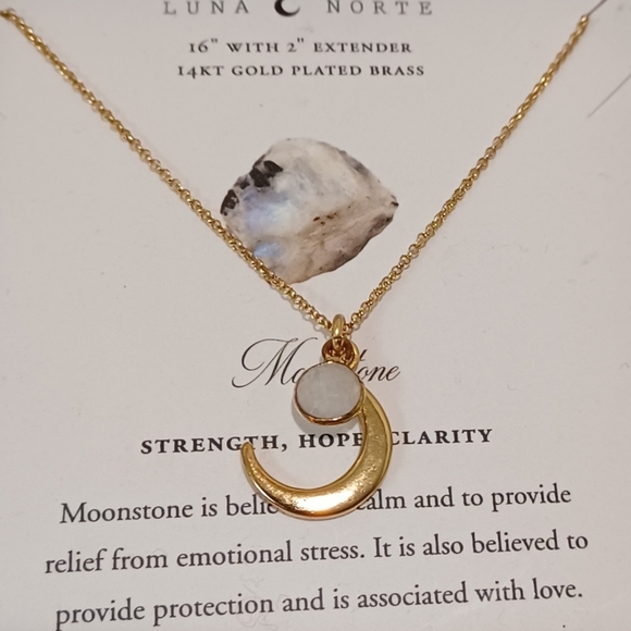 Luna Norte 14K Gold plated Necklace Cresent Moon Moonstone - Picture 2 of 7